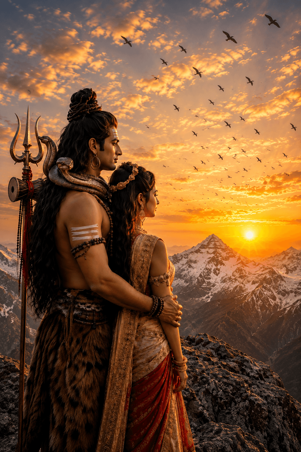 Beautiful 4K image of Lord Shiva and Goddess Parvati embracing while watching the Himalayan sunrise, with a Trishul and serpent, free HD download.