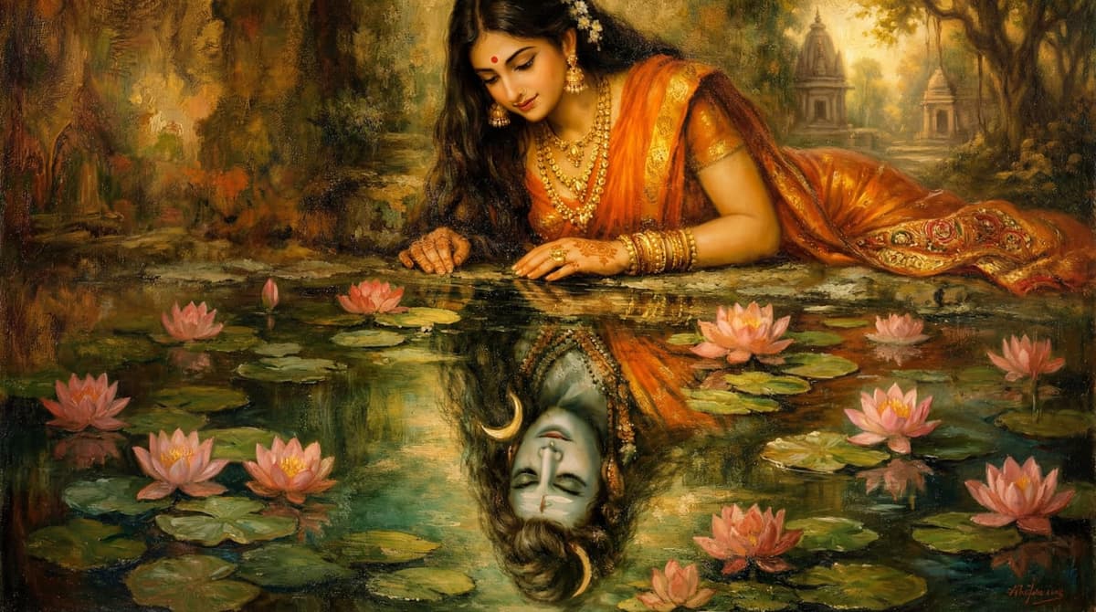 Romantic 4K image of Goddess Parvati seeing Lord Shiva’s reflection in lotus pond, free HD wallpaper download.