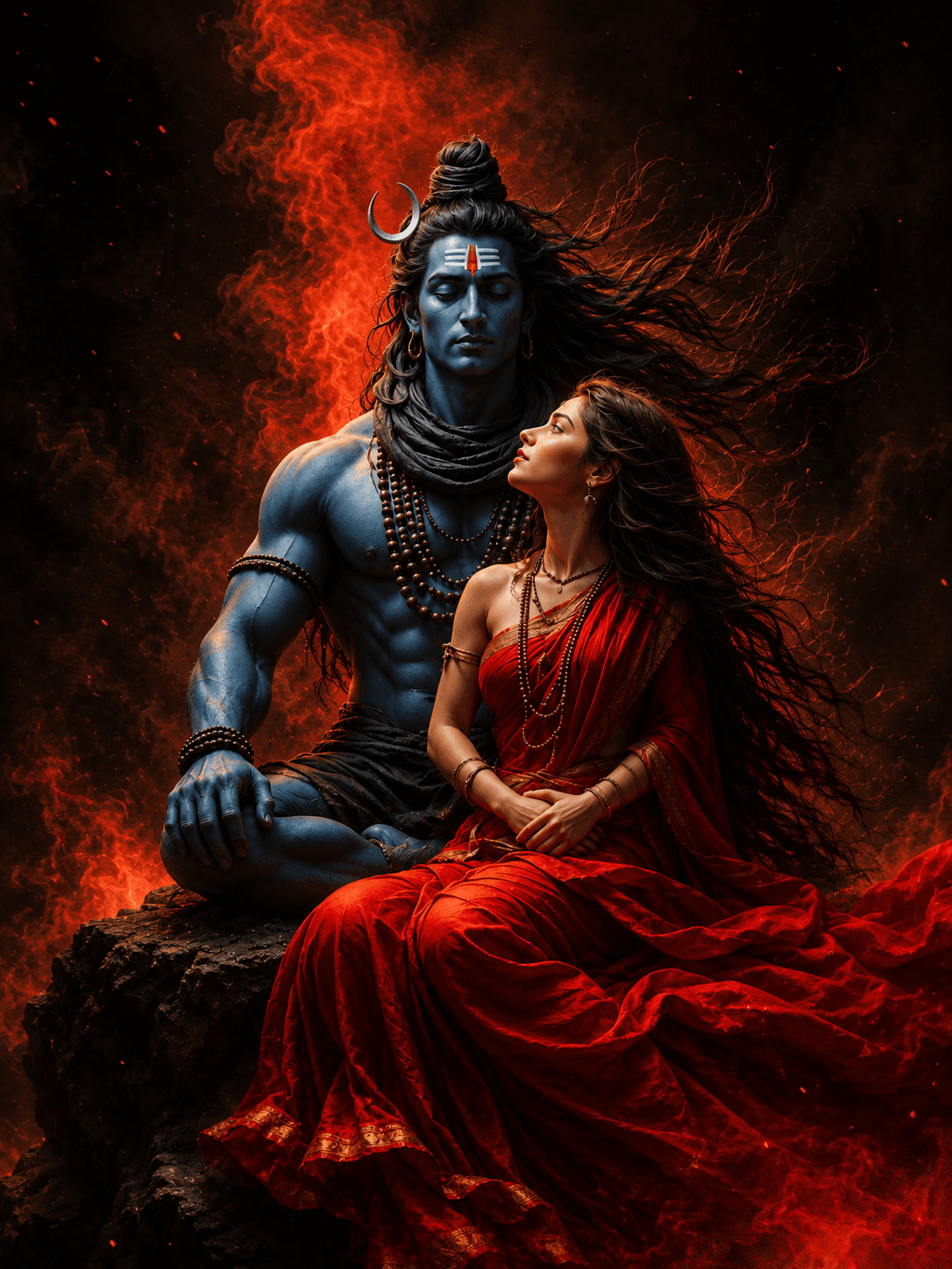 Beautiful 4K image of Lord Shiva and Goddess Parvati with a fiery background, free HD download for wallpapers and devotional use.