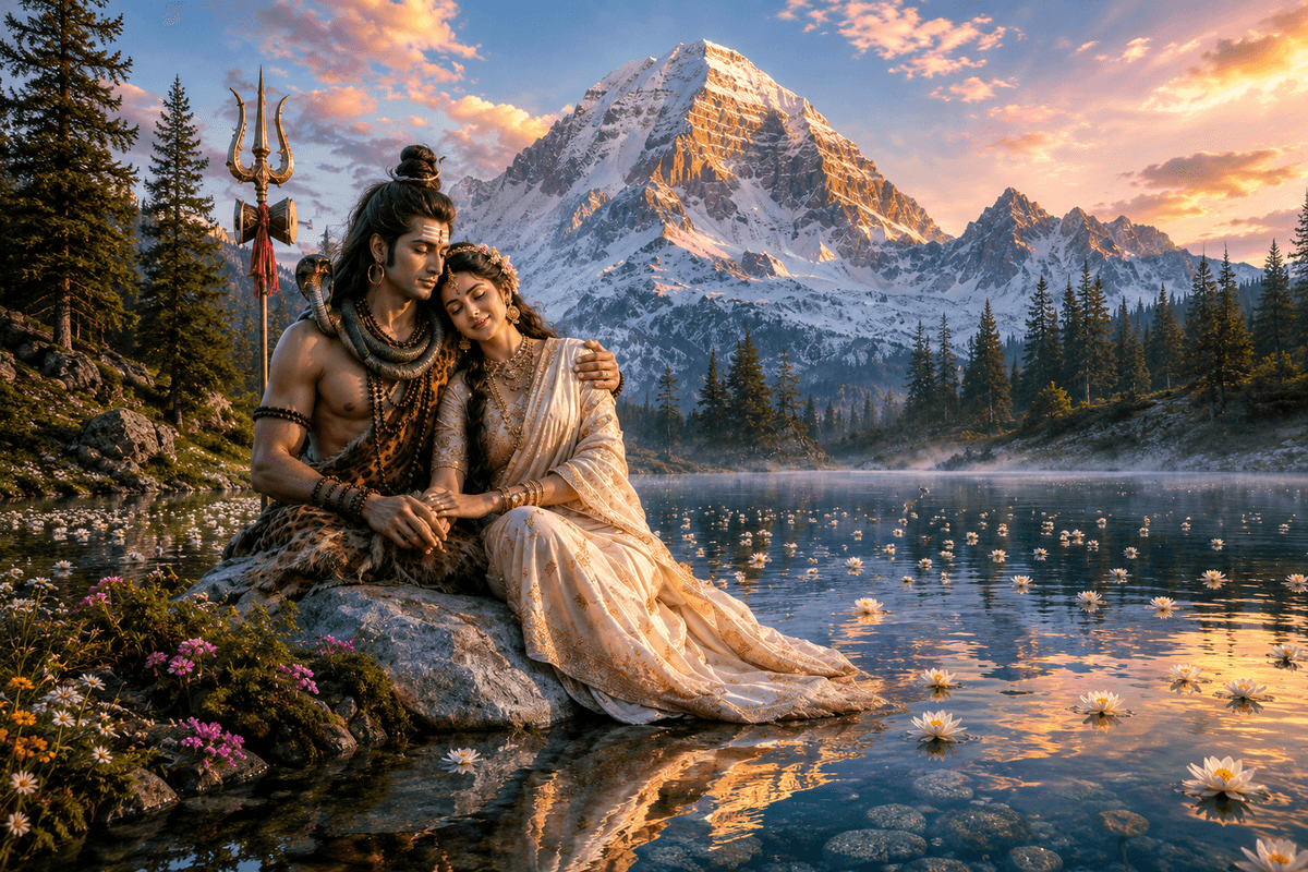 Beautiful 4K image of Lord Shiva and Goddess Parvati embracing beside a crystal-clear Himalayan lake with Mount Kailash, Trishul, and lotus flowers, free HD download.