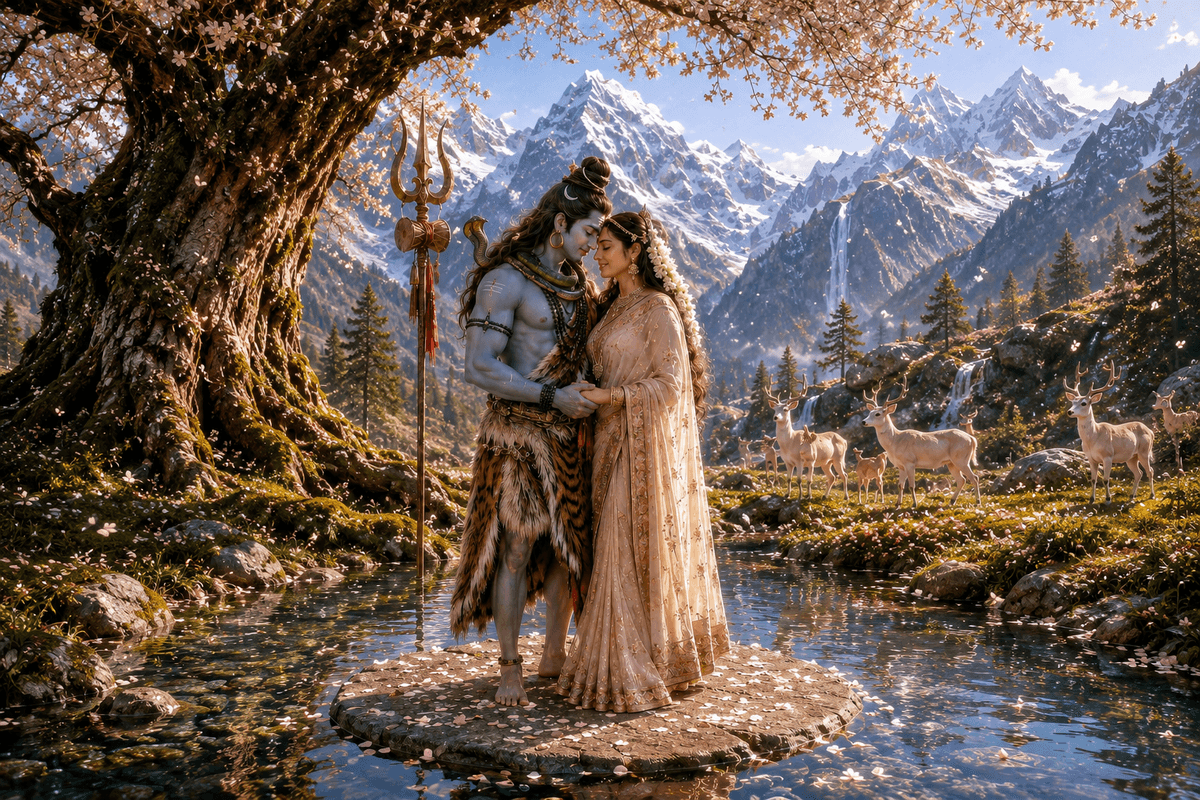 Beautiful 4K image of Lord Shiva and Goddess Parvati standing together beneath a blossoming tree in a Himalayan valley with Mount Kailash, Trishul, waterfalls, and deer, free HD download.