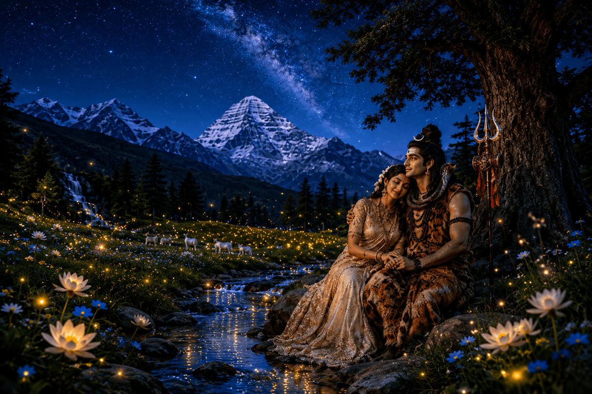 Peaceful 4K image of Lord Shiva and Goddess Parvati sitting beside a mountain stream under a star-filled sky near Mount Kailash, free HD download.