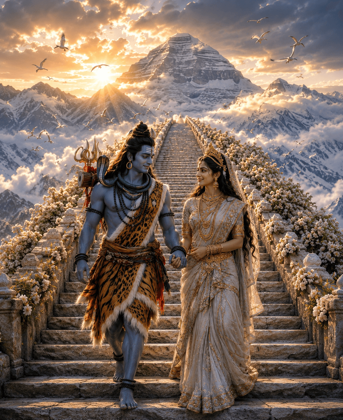 Stunning 4K image of Lord Shiva and Goddess Parvati walking hand in hand on a celestial stairway toward Mount Kailash at sunrise, with Trishul, serpent, and blooming flowers, free HD download.