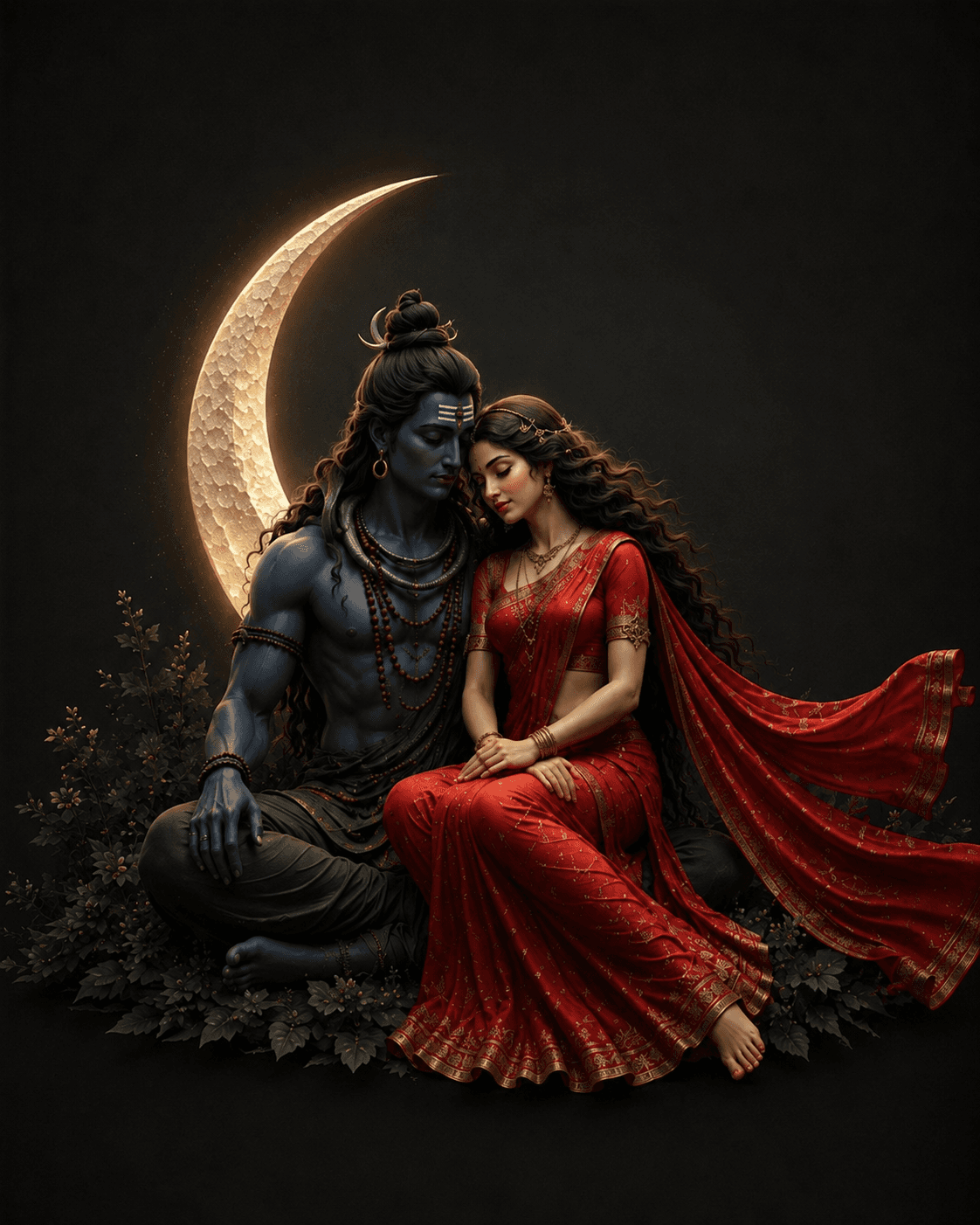 Romantic 4K image of Lord Shiva and Goddess Parvati seated together beneath a glowing crescent moon, free HD wallpaper and instant download.