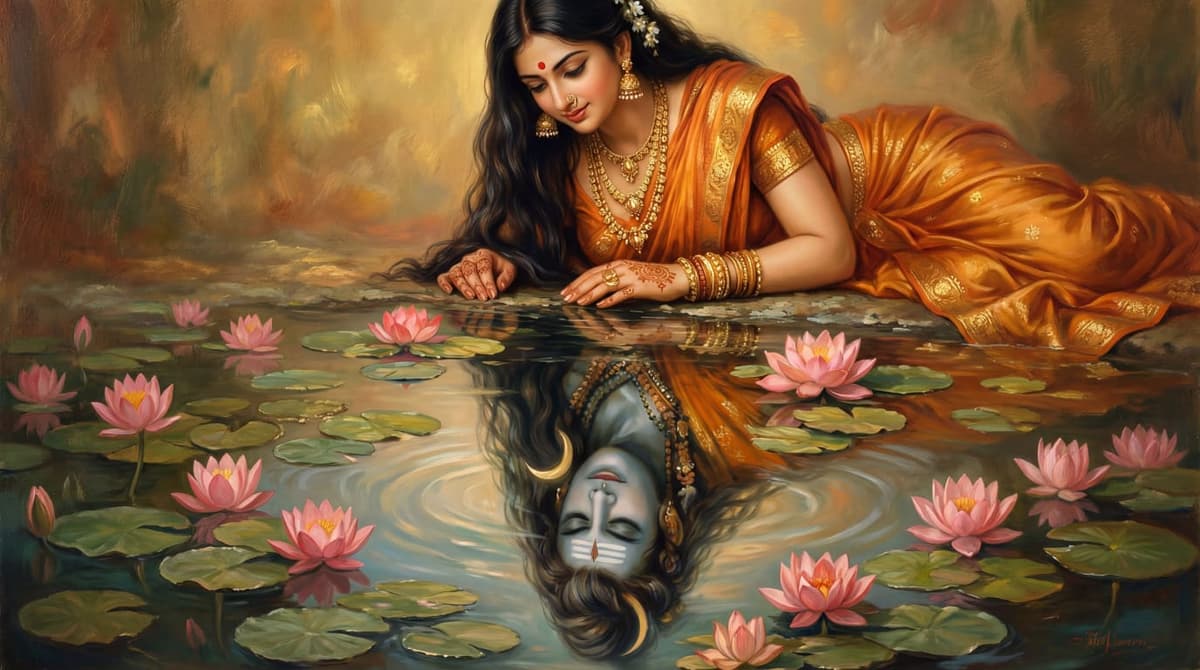 Romantic 4K image of Goddess Parvati seeing Lord Shiva’s reflection in lotus pond, free HD wallpaper download.