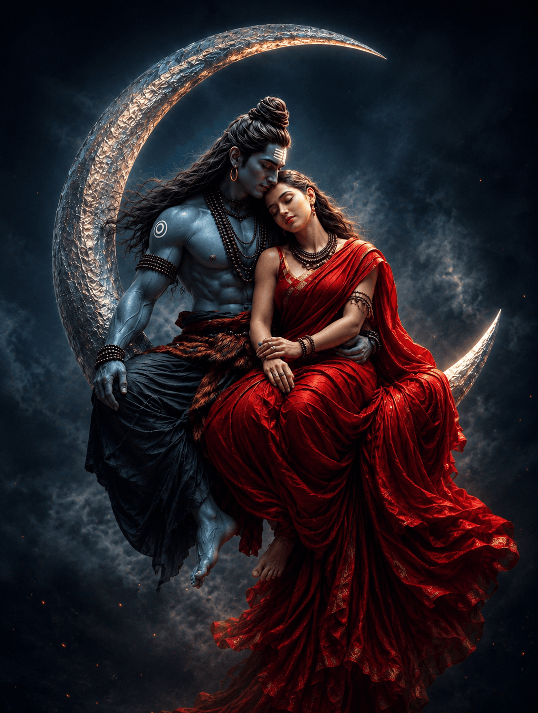 Beautiful 4K image of Lord Shiva embracing Goddess Parvati on a crescent moon, free HD wallpaper download for devotional use.