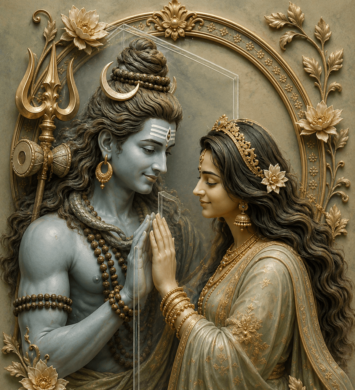 Elegant 4K artwork of Lord Shiva and Goddess Parvati touching hands through a crystal panel with Trishul, Damru, lotus flowers, and divine details, free HD wallpaper download.