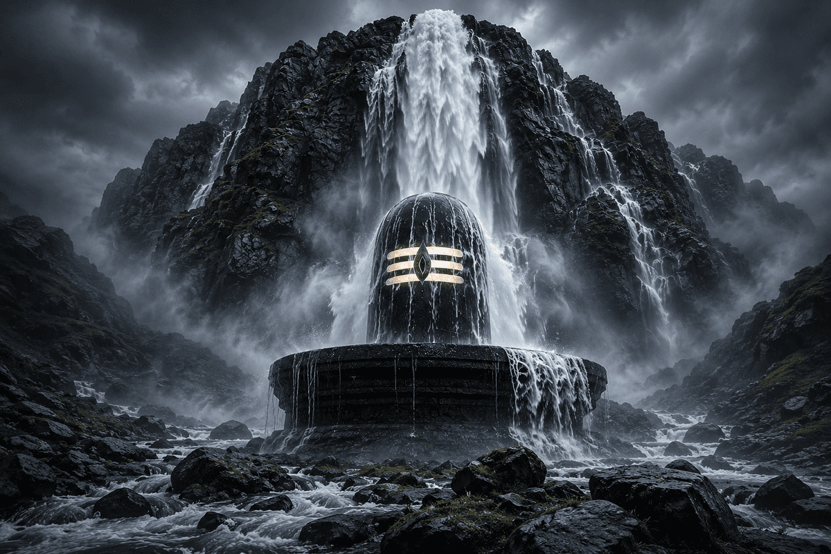 Majestic 4K Shivling image beneath a powerful mountain waterfall with sacred Mahadev symbols, free HD download for wallpapers, devotional use, and spiritual projects.