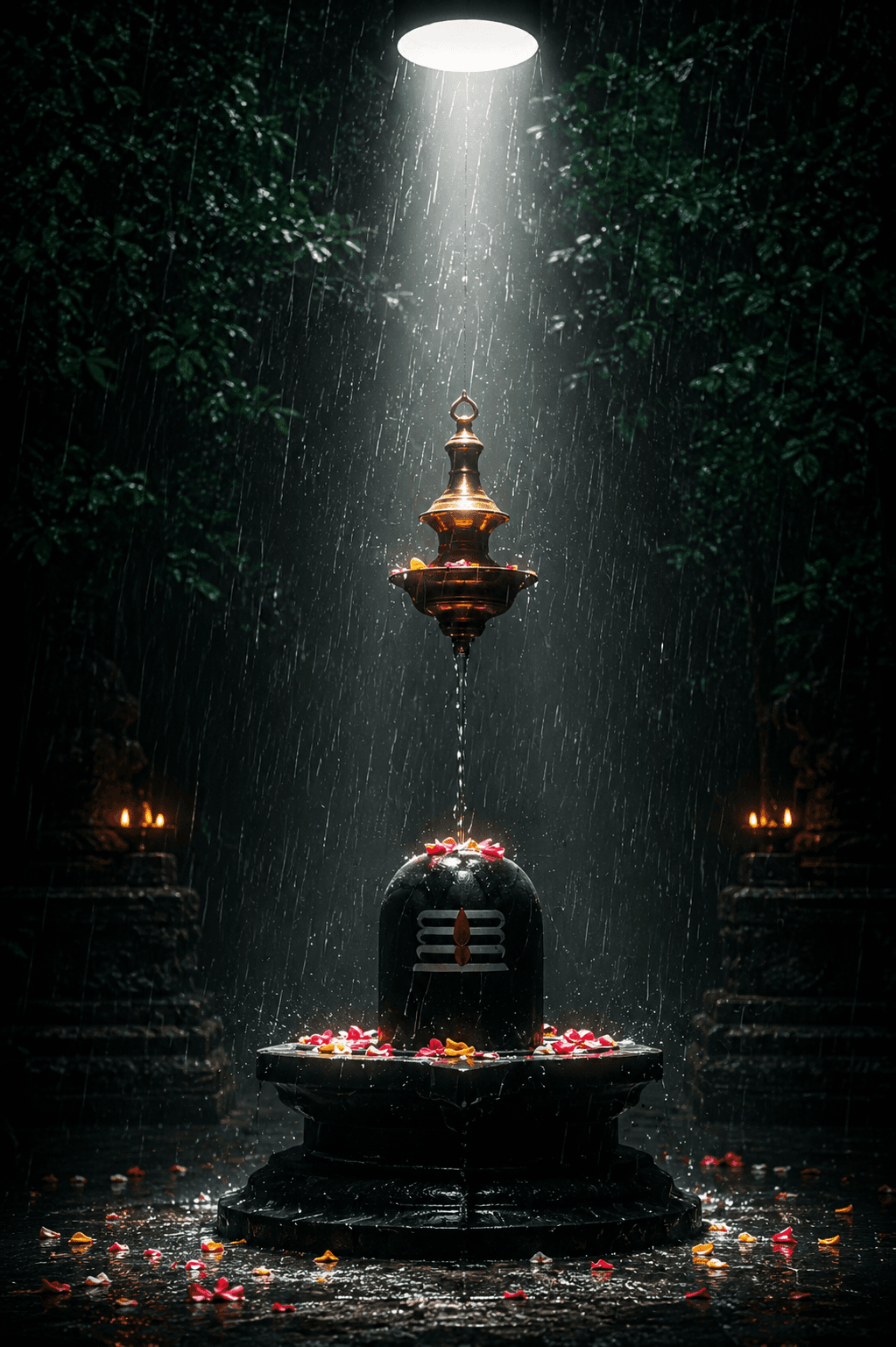 Divine 4K Shivling image with continuous Jal Abhishek, sacred flowers, and temple ambiance during rainfall, free HD download for wallpapers and devotional use.