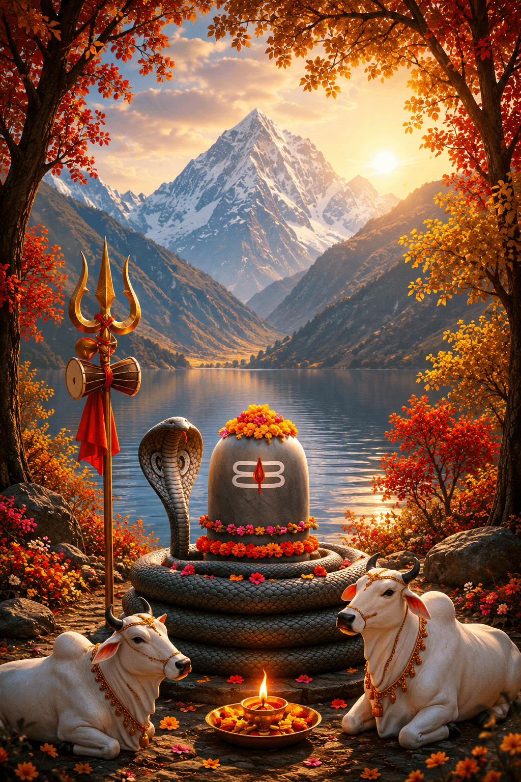 Divine 4K Shivling image with Trishul, Damru, Vasuki Nag, Nandi, and a Kailash mountain backdrop, free HD download for wallpapers and devotional use.