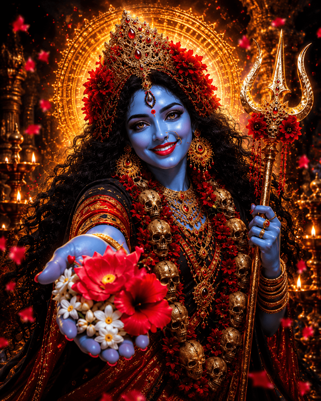 Smiling Maa Mahakali offering red flowers while holding a golden trident, adorned with a skull garland, floral crown, and radiant temple halo in stunning 4K, free to download.