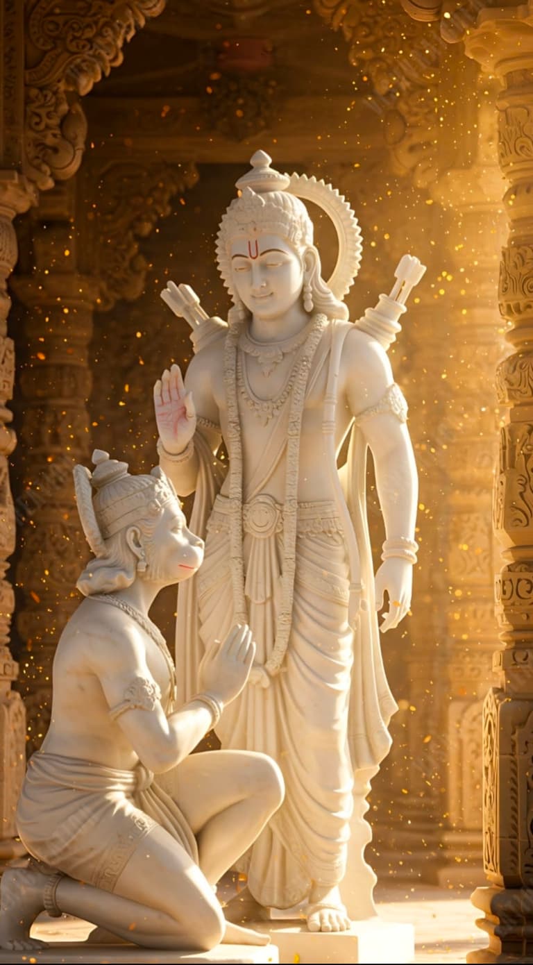 Raja Ke Roop Lord Ram Blessing Hanuman Marble Idol - GodsPhoto